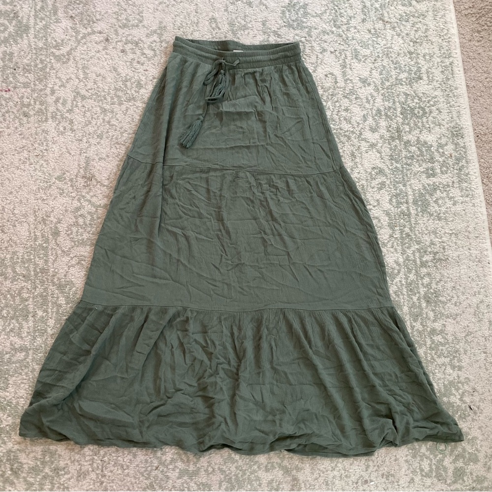 Green tiered maxi skirt